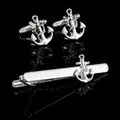 Silver anchor cufflinks and tie clip set with nautical rope details for business suits - Anchor Style Set (AD2539)