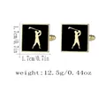 Detailed view of square black enamel golf cufflinks with gold golfer silhouette and sizing - Black Gold Square Golf Silhouette Style (P1112-9)