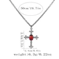 Retro gothic silver cross necklace with oval red ruby pendant and size measurements - Fleur-de-lis Cross Style (A3318-12)