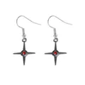 Silver star drop earrings with red round gemstone in a minimalist punk style - Bright Silver Four-pointed Star Earrings (F1571-3)