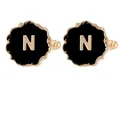 Men's round gold letter N cufflinks with black enamel inlay and diamond accents - Initial Letter N (B1588-N)
