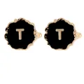 Classic round gold cufflink with black enamel surface and golden letter T detail - Initial Letter T (B1588-T)