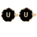 Men's round gold cufflinks with black enamel inlay and gold letter U detail - Initial Letter U (B1588-U)