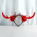 Christmas reindeer headband with red velvet antlers and faux roses for girls - Flocked Antler and Red Rose Style (W1202-3)