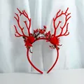 Cute Christmas reindeer headband with red antlers, floral accents and plush pom-poms - Red Flower and Green Leaf with Pom Pom (W1202-5)