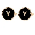 Golden round cufflinks featuring black enamel inlay and letter Y with wave texture - Initial Letter Y (B1588-Y)