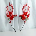 Cute Christmas reindeer headband with red antlers, silk bows and festive flower decor - Satin Bow with Gold Leaf (W1202-6)