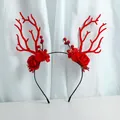 Christmas reindeer headband with red roses, berries, and antlers for holiday parties - Rose Berry and Pom Pom Style (W1202-7)