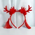 Christmas reindeer headband for girls with red antlers, plush pom-poms and silk tassels - Long Tassel Bow Style (W1202-9)