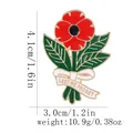 Red enamel poppy flower brooch with Lest We Forget ribbon and size dimensions - Poppy With Leaf Style (C3026-1)