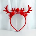 Red Christmas reindeer antler headband with plush pom poms and lace bow detail - Lace Bow and Artificial Flower Style (W1202-11)