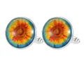 Boutons de manchette en argent avec motif tournesol et fond bleu pour chemises d'affaires - Boutons de Manchette Tournesol Argentés (B1607-1)