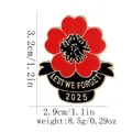 Red poppy flower pin with Lest We Forget text and 2025 year, measuring 3.2cm high - Poppy 2025 Banner Style (C3026-4)