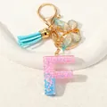 Detailed close-up of blue and pink gradient resin letter F keychain with star sequins - Letter F (D1417-F)