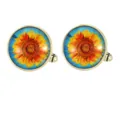 Boutons de manchette dorés ronds avec motif tournesol sur fond bleu - Boutons de Manchette Tournesol Dorés (B1607-2)