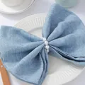 Elegant pearl and rhinestone napkin ring set on a light blue linen napkin holder for table - Pearl Rhinestone Circular Style (Z1153)