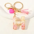 Resin letter H keychain with gold foil, pink stones, leather tassel and heart charm - Style H(D1416-H)