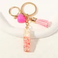 Pink resin keychain with gold leaf, resin shell fragments, and soft leather tassel - Style I(D1416-I)