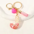 Letter J resin keychain with pink shell fragments, gold foil, and faux leather tassel - Style J(D1416-J)