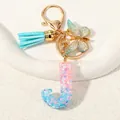 Letter J keychain with blue butterfly, tassel and pink blue glitter resin pendant - Letter J (D1417-J)