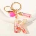 Pink resin letter K keychain with gold foil stone inlay and tassel charm - Style K(D1416-K)