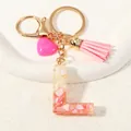 Resin letter L keychain with pink shell fragments, gold foil, and leather tassel - Style L(D1416-L)