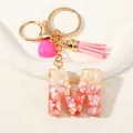 Letter M resin keychain with pink tassel, heart charm and gold-plated hardware - Style M(D1416-M)