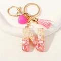 Resin gold foil letter N keychain with pink tassel and heart pendant charm - Style N(D1416-N)