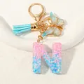 Pink and blue gradient sequin resin letter N keychain with butterfly and tassel - Letter N (D1417-N)