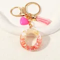 Custom initial O resin keychain with pink tassel, gold flakes and shell fragments - Style O(D1416-O)