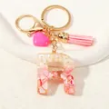 Resin letter R keychain with pink shell fragments, gold lobster clasp and tassel - Style R(D1416-R)