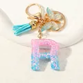 Pink blue gradient resin letter R keychain with leather tassel and butterfly charm - Letter R (D1417-R)