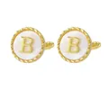 Gold cufflinks for men featuring white mother of pearl inlay and a metal letter B detail - Letter B Style (P1119-B)