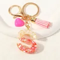 Resin initial S keychain with pink marble pattern, leather tassel and gold heart charm - Style S(D1416-S)