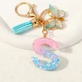 Pink and blue gradient resin letter S keychain with glitter stars and blue tassel - Letter S (D1417-S)