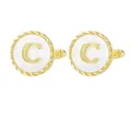 Golden French cufflinks with white shell inlay and 3D alphabet C letter design - Letter C Style (P1119-C)