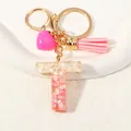 Pink resin letter T keychain with gold foil flakes, tassel and heart pendant charm - Style T(D1416-T)