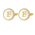 Elegant gold plated cufflinks with letter F design and white round shell finish - Letter F Style (P1119-F)