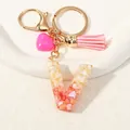 Resin letter V keychain with pink tassel, gold flakes, and heart charm for women - Style V(D1416-V)