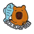 Cartoon Capybara enamel pin with blue fish and Follow Me text on white background - Holding Fish Style (C3069-1)