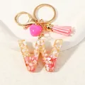 Pink resin letter W keychain with gold foil flakes, tassel and heart pendant charm - Style W(D1416-W)