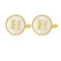 Men's French shirt gold cufflinks featuring letter H on white mother-of-pearl base - Letter H Style (P1119-H)