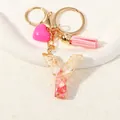 Resin letter Y keychain with pink stones, gold foil, tassel and heart pendant charm - Style Y(D1416-Y)