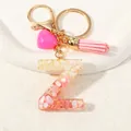 Pink resin letter Z keychain with gold foil flakes, tassel and heart charm details - Style Z(D1416-Z)