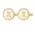 Polished gold initial K cufflinks with white inlay and classic rope edge detail - Letter K Style (P1119-K)