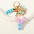 Letter Y keychain with pink blue gradient resin, sequins, butterfly and blue tassel - Letter Y (D1417-Y)