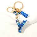 Blue resin letter Y keychain with butterfly pendant and blue suede tassel decoration - Letter Y (D1413-Y)