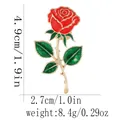 Rote Emaille Rosenbrosche mit grünen Blättern und goldenem Stiel, 4,9cm mal 2,7cm - Rote Blume Grünes Blatt (C3077-1)