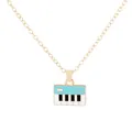 Golden music necklace featuring a piano keyboard pendant with blue enamel finish - Light Blue Piano Keyboard Style (A3346-1)