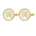 Gold-plated letter N cufflink with white shell inlay and twisted rope edge detail - Letter N Style (P1119-N)